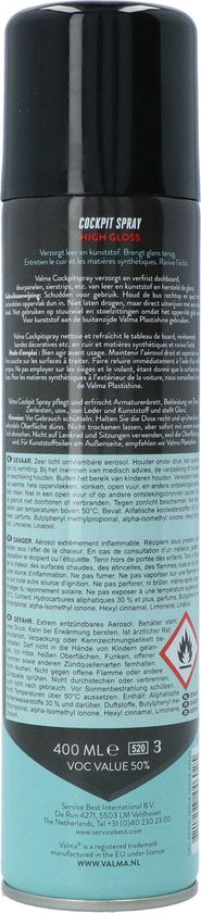 Valma Cockpitspray Hoogglans 400 ml - Reiniging voor Auto Interieur – Stofafstotend - Geschikt voor Kunststof en Leer