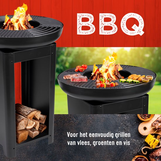 BBQ Collection 3-in-1 Vuurkorf en Grillplaat - Tuinhaard 61 x 90 cm - met Teppanyaki Bakplaat - Plancha BBQ met Brandhout Opslagplaats - Vuurkorf voor Buiten - Metaal