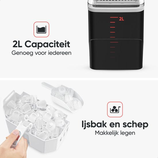Kitchenwell IJsblokjesmachine – 2L - IJsblokjesmaker met IJsschep – 12kg/24 uur – Zelfreinigingsfunctie - Zwart