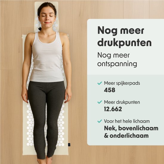 LifeGoods Acupressuur Mat XL - met Kussen - Shakti mat - Spijkermat Incl. 2x Triggerpoint Bal - 128x48x2cm - Beige/Wit