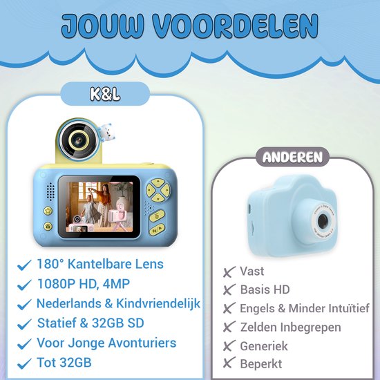 K&L Digitale Kindercamera Kids - Kinder vlog camera - Kindercamera's Digitaal - Fototoestel Kinderen - Kinderfototoestel - Blauw