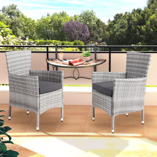 Casaria Polyrattan Tuinstoel - 2 Stuks Stapelbaar & Kussens - Grijs
