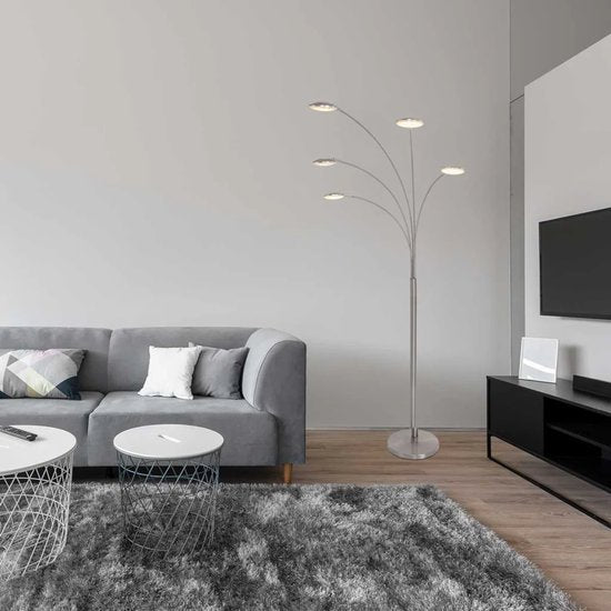 Vloerlamp Synna 1327ST – Draaibaar, dimbare LED booglamp van staal en glas, Modern design, Mexlite, met 5 lichtbronnen (4.5W) en snoer van 235 cm