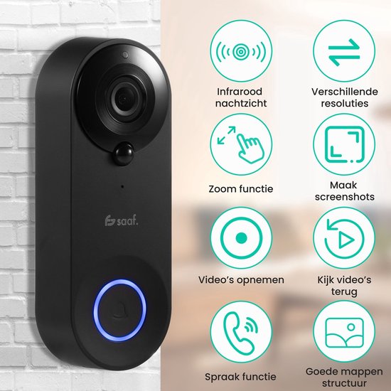 Video Deurbel met Camera - Inc. Gong & 128GB SD - Draadloos - Slimme Deurbel - met App - Zwart - van Saaf