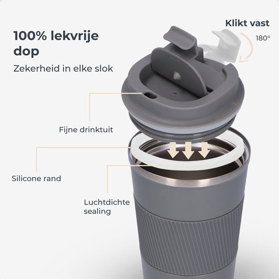 Castagnola Thermosbeker - Koffiebeker To Go - Travel Mug voor Koffie en Thee - Theebeker - 380 ML - RVS - Grijs