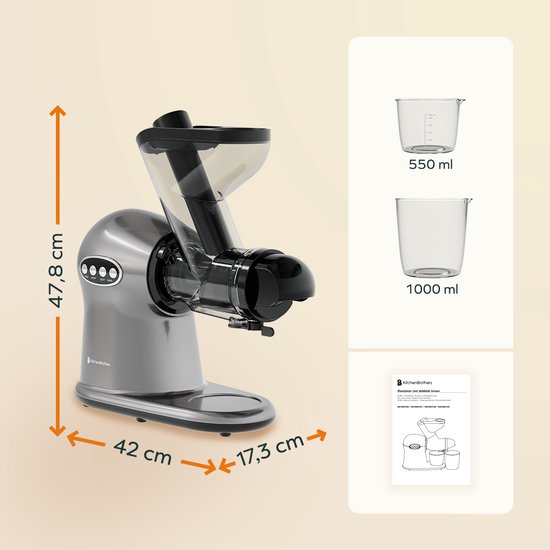 KitchenBrothers Slowjuicer XL - Juicer - Groenten en Fruitpers - 43 mm en 70 mm invoer - 500 ml - Grijs