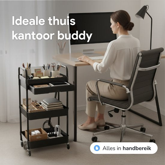 Keuken trolley met lade op Wieltjes - 3 laags - Keukenrek - Serveerwagen - Kastje - Karretje - Opberg - Douche kastjes staand - Rekje - Zwart - Luft