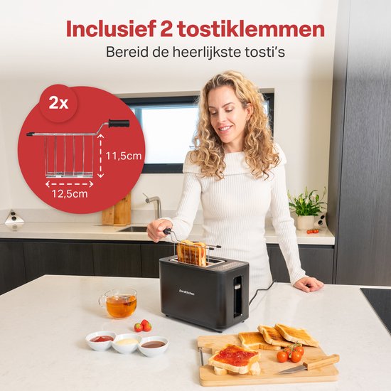 AoraKitchen Broodrooster met Tostiklemmen - 900W - 6 Warmteniveaus - Led Scherm - Toaster - met Timerfuncties - Tosti Apparaat - Zwart