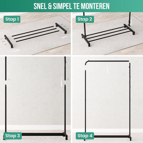 Avalo Kledingrek op Wieltjes Zwart - Metaal - 100x40x156 - Opbergruimte Voor Schoenen
