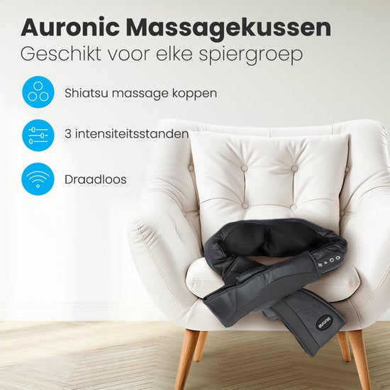 Auronic Shiatsu Massagekussen - Elektrisch - Draadloos - Massage Apparaten - Nek en Schouder - Infrarood - Inclusief Draagtas - Zwart