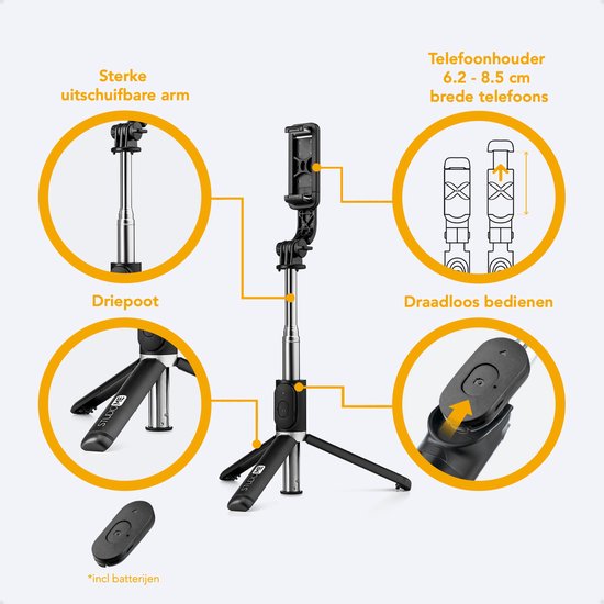 Studio ME Selfiestick Universeel - Statief - Geschikt voor Telefoon & Actiecamera - 100 cm - Selfie Stick - 360° Rotatie - Bluetooth Afstandsbediening - Telefoonhouder