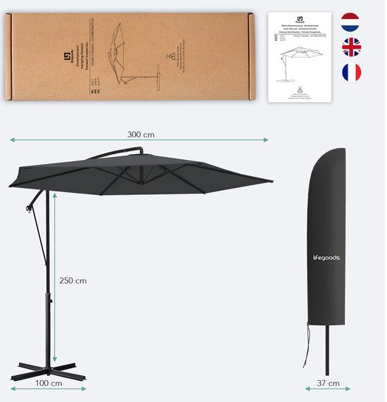 LifeGoods Zweefparasol - tot 8 Personen - Ø300cm - Waterdicht - met Hoes en Kruisvoet - Tuin of Strand - Donkergrijs