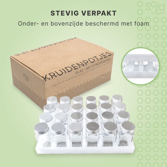 S.old - 24 Glazen Kruidenpotjes vierkant met Deksel - Kruidenstrooier - Complete set met Strooideksels, Voorbedrukte Stickers en Trechter - Inhoud 120 ml - 10,5 x 4,3 cm