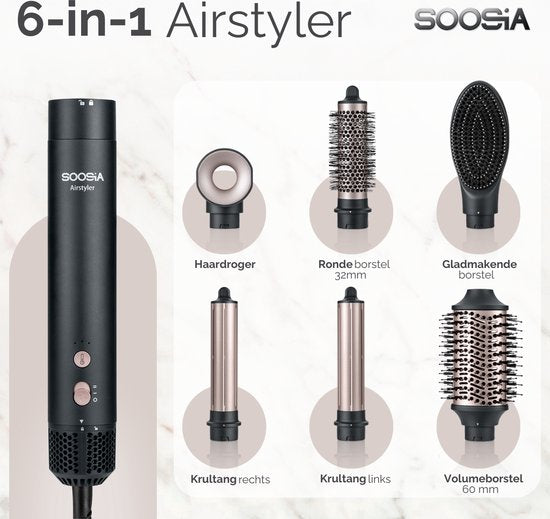 Soosia 6-in-1 Airstyler - Föhn & Krultang - Haardroger - Multistyler - Föhnborstel & Krulborstel - Hairwrap