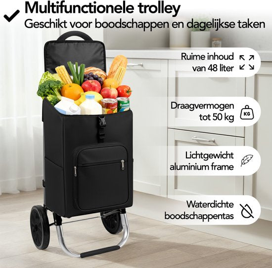 Brixy Boodschappentrolley - Opvouwbaar - Met Wielen - Afneembare Boodschappentas - Boodschappenwagen - Zwart