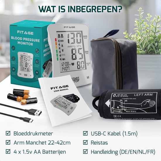 FITAGE Medische Bloeddrukmeter Bovenarm - Bloeddrukmeters - Hartslagmeter - Blood Pressure Monitor - Manchet 22-42cm - WIT