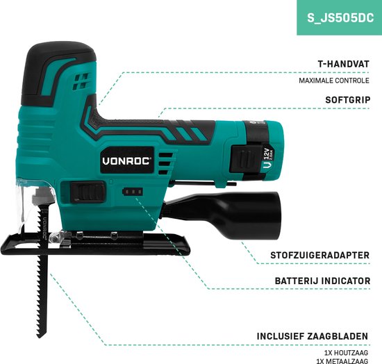 VONROC Accu Decoupeerzaag 12V - Incl. Accu, usb-c kabel en zaagbladen