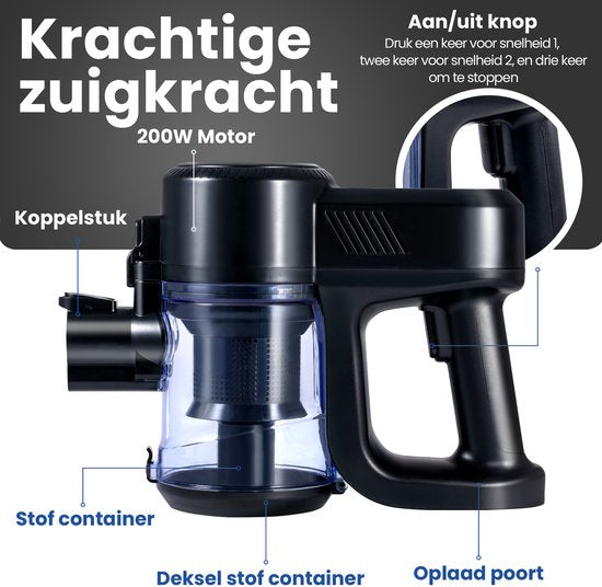 Saaf G90M Steelstofzuiger met Dweilfunctie - 8-delige set met Buigbare Steel - 26.5Kpa - Stofzuiger zonder Zak - 200W - Draadloos - Zwart