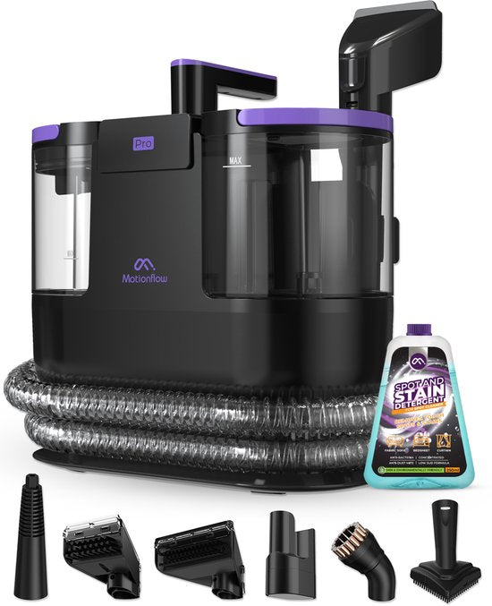Motionflow Tapijtreiniger PRO – Dieptereiniging met Stoomfunctie tot 100°C – Krachtige 1700W Vlekkenreiniger - Stoomreiniging voor Vloer, Bank, Badkamer en Tapijt - Stoomreiniger & Zetelreiniger - Inclusief Schoonmaakmiddel