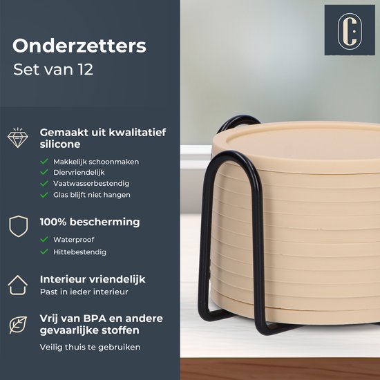 Castagnola Siliconen Onderzetters – Onderzetters voor Glazen – Design Onderzetters met Houder – Onderzettersset – Anti Slip - Set van 12 – Beige