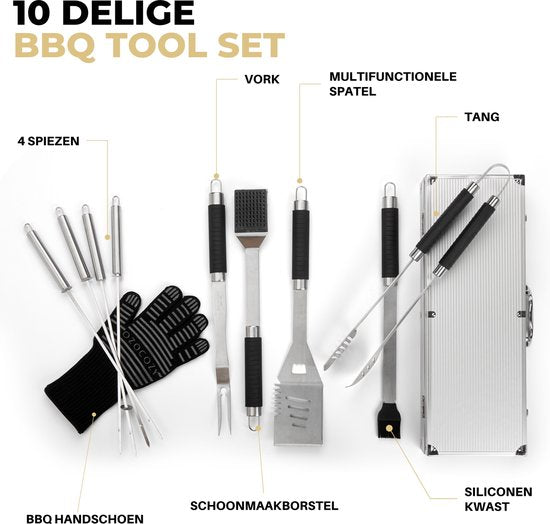 Ozocozy - BBQ accessoires - 10-delig - Barbecue gereedschap - BBQ handschoen - Aluminium koffer - Cadeau voor man