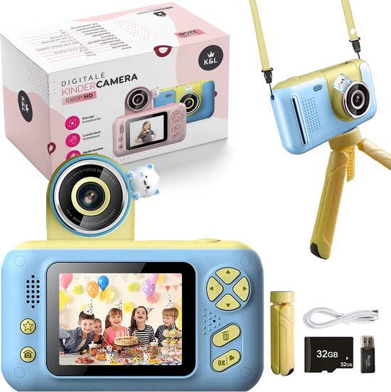 K&L Digitale Kindercamera Kids - Kinder vlog camera - Kindercamera's Digitaal - Fototoestel Kinderen - Kinderfototoestel - Blauw