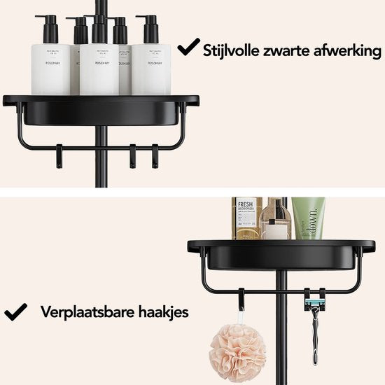 Brixy Doucherek - Telescopisch - 85-305 cm - Zonder Boren - Vloer Tot Plafond - 4 Plankjes - 3 Haken - Zwart