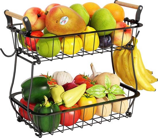 Posity Fruitschaal 2 Laags - Fruitmand - Fruit Etagere - Groentemand - Draadmand - Met bananenhouder - Hout & Metaal - Zwart
