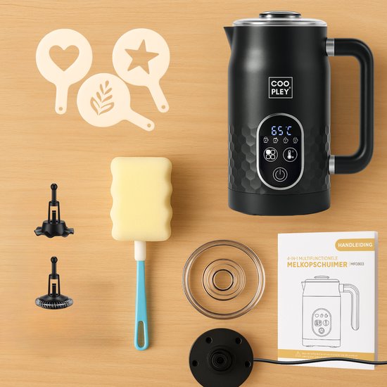 Coopley – Melkopschuimer Elektrisch MF0803 PRO – 270 ml – Voorzien Van 4-in-1 Functies En Instelbare Temperatuur En Digitaal Display – Voor Cappuccino En Latte – Zwart ABS