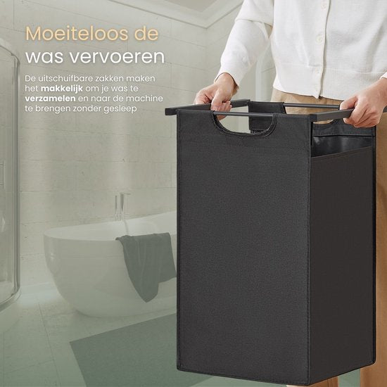 O'DADDY® Wasmand met 2 Vakken & 2 Planken - 76 Liter - Wassorteerder Uitschuifbaar - Was Organizer - Laundry Basket - Wasbox - Wasmanden - Dubbele Wasmand - Zwart/Bruin