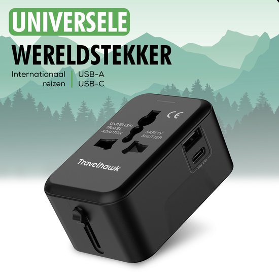 TravelHawk Universele Wereldstekker met USB-C en USB Poort - Reisstekker - Internationale Reisstekker voor 150+ landen - Amerika (USA) - Engeland (UK) - Australië - Azië - Zuid Amerika - Afrika - Wereldstekkers - Zwart
