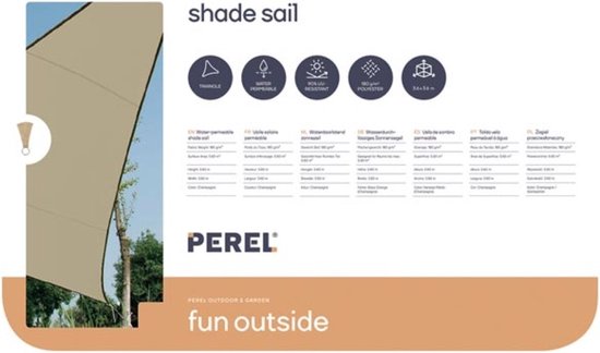 Perel Schaduwdoek, waterdoorlatend, luchtdoorlatend, 3.6 x 3.6 x 3.6 m, 180 g/m², HDPE, driehoek, champagne