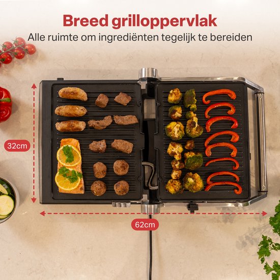 AoraKitchen Contactgrill - 180º Uitklapbaar - Grill Apparaat met Uitneembare Platen - 7 Standen - Tosti en Panini Ijzer - 2000W