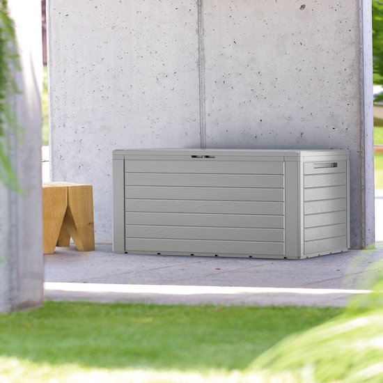 Deuba Kussenbox Woody 120cm grijs hout-look – tuinkussenbox tuinbox