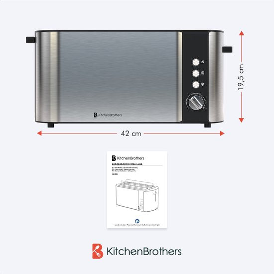 KitchenBrothers Broodrooster - Toaster - 6 Warmteniveaus - 2 Extra Lange Sleuven - 1520W - RVS/Zwart