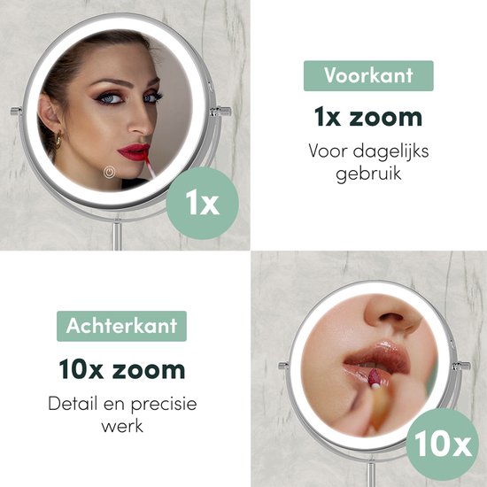 Nolt Make Up Spiegel met LED Verlichting - 1X/10X Vergrootspiegel - Scheerspiegel - Vanity Licht - 3 Lichtstanden - Oplaadbaar - Zilver