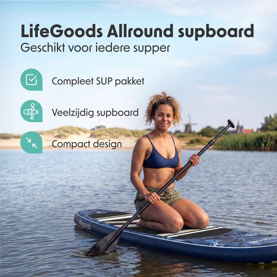 LifeGoods PaddlePro SUP Board - met Zitje - Opblaasbaar Paddle Board - Complete Set - Max. 150KG - 320x81cm - Tropical Blauw