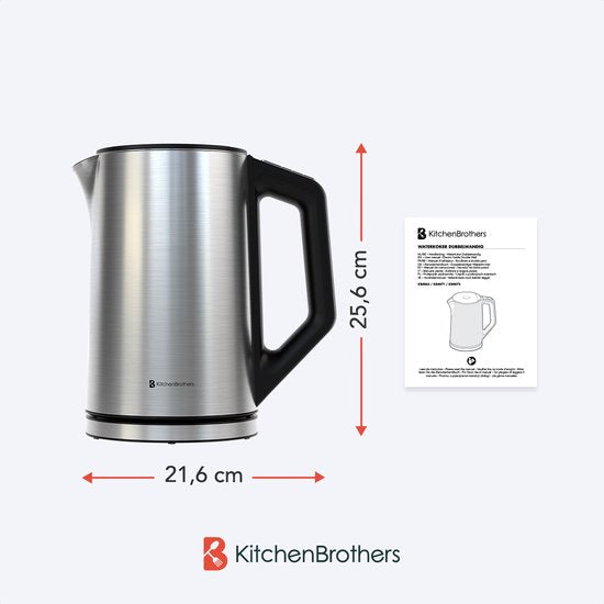 KitchenBrothers Waterkoker - Elektrisch - 1,5L - 2200W - Instelbare Temperatuurregeling - Dubbelwandig - Waterkoker RVS - Zilver