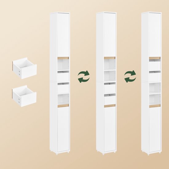 SoBuy BZR151-W Badkamermeubel voor smalle ruimtes, compacte opbergkast met verstelbare plank en lade, voor badkamer, toiletkast van hout, wit, 20 x 20 x 96 cm
