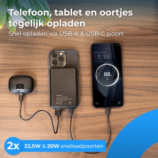 Nuvance Powerbank 10000 mAh - Geschikt voor MagSafe - 15W Snellader - Draadloze Powerbank - Usb-A 22.5W & Usb-C 20W - Zwart