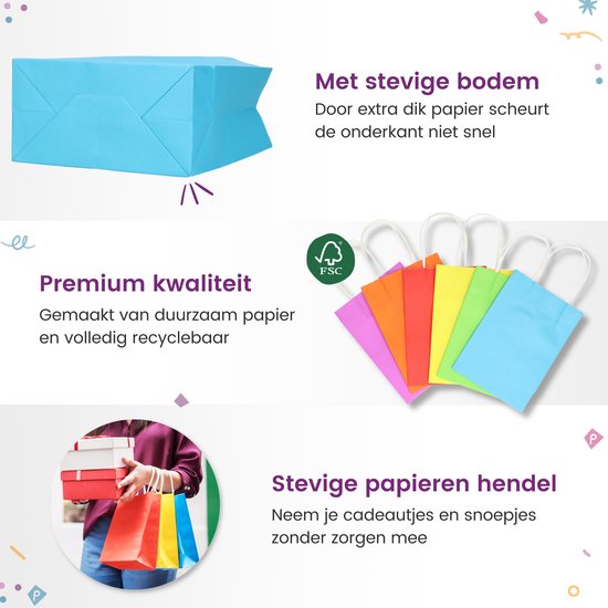Partizzle 24x Uitdeelzakjes van Papier - Snoepzakjes voor Kinderen - Uitdeeltasjes Kinderfeestje Verjaardag - Klein Speelgoed Cadeauzakjes - Carnaval Snoep Uitdeelcadeautjes Fidget Toys Traktatie Zakjes - 21x15 cm