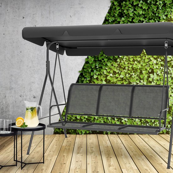 LifeGoods Schommelbank - 3-zits - tot 250KG - Kantelbaar Dak - UV-bestendig Zonnescherm - 172x104x162cm - Grijs