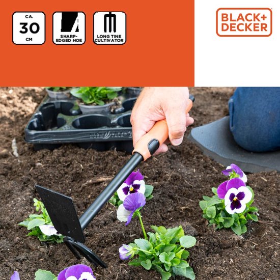 BLACK+DECKER Dubbele Schoffel - 3 Pinnen en Hak - 30 CM - Ergonomisch Handvat - Zwart/ Oranje