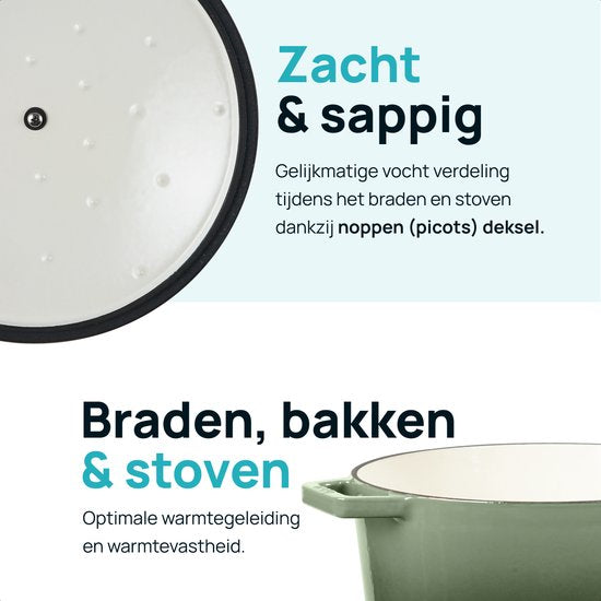 MOA Gietijzeren Braadpan - 5,7L - Voor Alle Warmtebronnen incl. Inductie - Met Deksel - Ø 26cm - Anti-Aanbaklaag - Groen