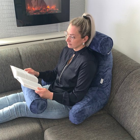 Q-Living XXL Leeskussen met Extra Nekrol - Relax Kussen - Zitkussen - Onderrug Ondersteuning - Leeskussen Voor In Bed - Blauw