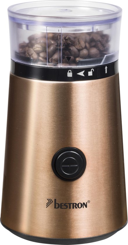 Bestron ACG1000CO Elektrische Koffiemolen – 150W – RVS Messen – 50 g Capaciteit – Koperkleur – Voor Koffiebonen & Kruiden - 5 jaar garantie