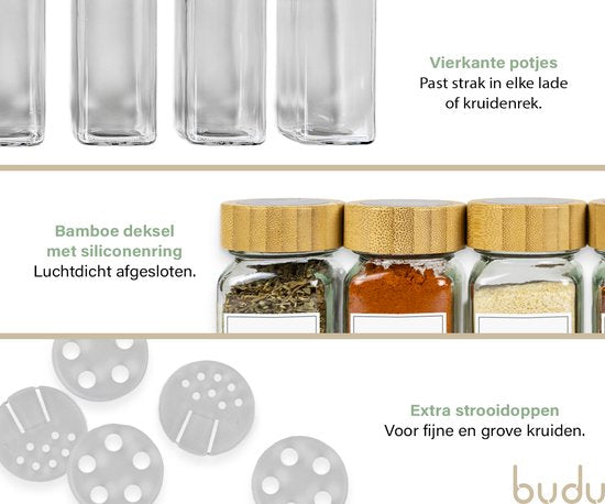 Budu Kruidenpotjes Vierkant - 28 stuks - Met Deksel - Kruidenstrooier - Incl. Stickers, Blanco Labels, Krijtstift & Accessoires - Kruiden potjes