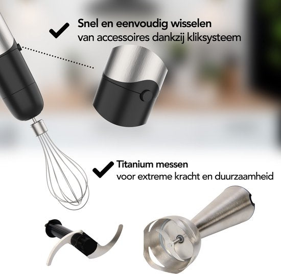 Aviro 6-in-1 Staafmixer Set - 1000W - 20 Snelheden - Hakmolen, Melkopschuimer, Garde & Maatbeker - RVS