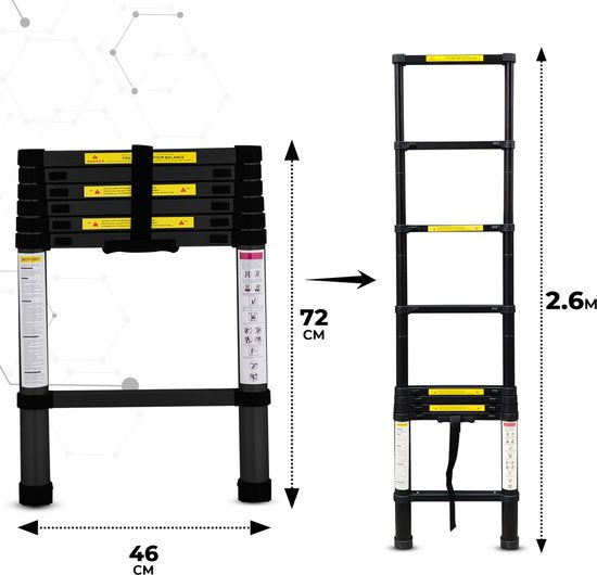 Outbee Telescopische Ladder - Telescopische Vouwladder - 2,6m Werkhoogte - Aluminium - Zwart