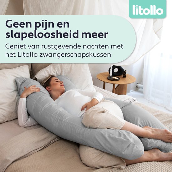 Litollo® Zwangerschapskussen XXL - Voedingskussen - Lichaamskussen - Body pillow - 280cm - Zachte fleece stof - Grijs - Met gratis extra afneembare hoes (t.w.v. €29,95)